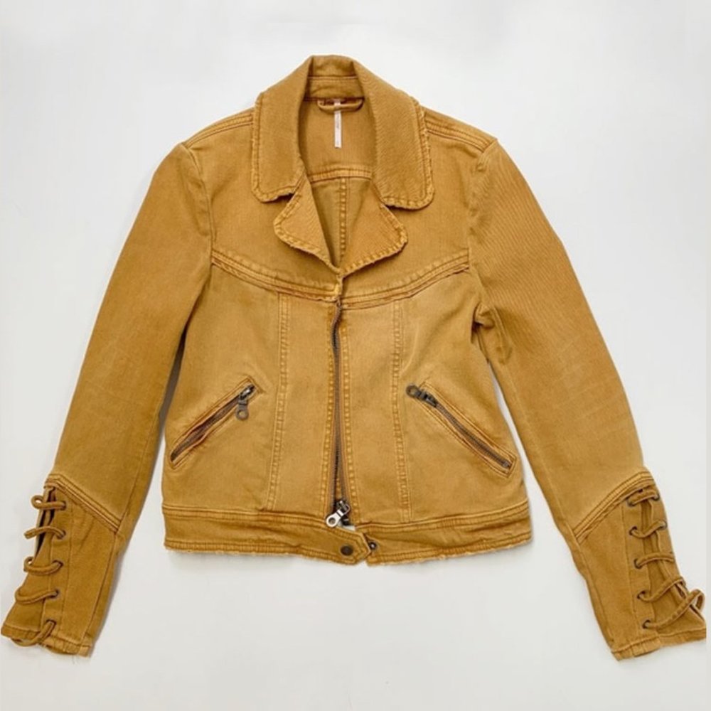 Free People Yellow Denim Moto Jacket Lace Up Cuffs